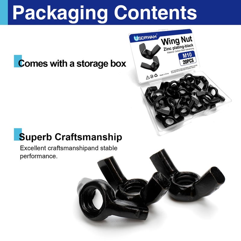 Usdrwam 20PCS M10 Metric Wing Nuts kit, Zinc Plating-Black Wing Nuts Butterfly Fasteners, Hand Twist Tighten Ear Butterfly Nut Kitfor Easy Assembly and Secure Fit Furniture - Image 3